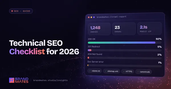 Technical SEO crawl report showing indexed pages, status codes and checks for robots.txt, sitemap and HTTPS